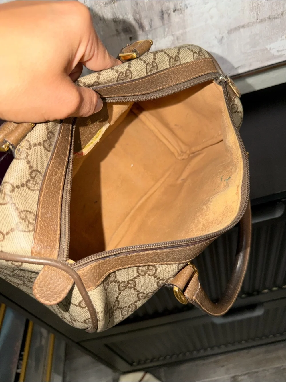 Gucci Beige GG Canvas Satchel with Brown Leather and Signature Web
